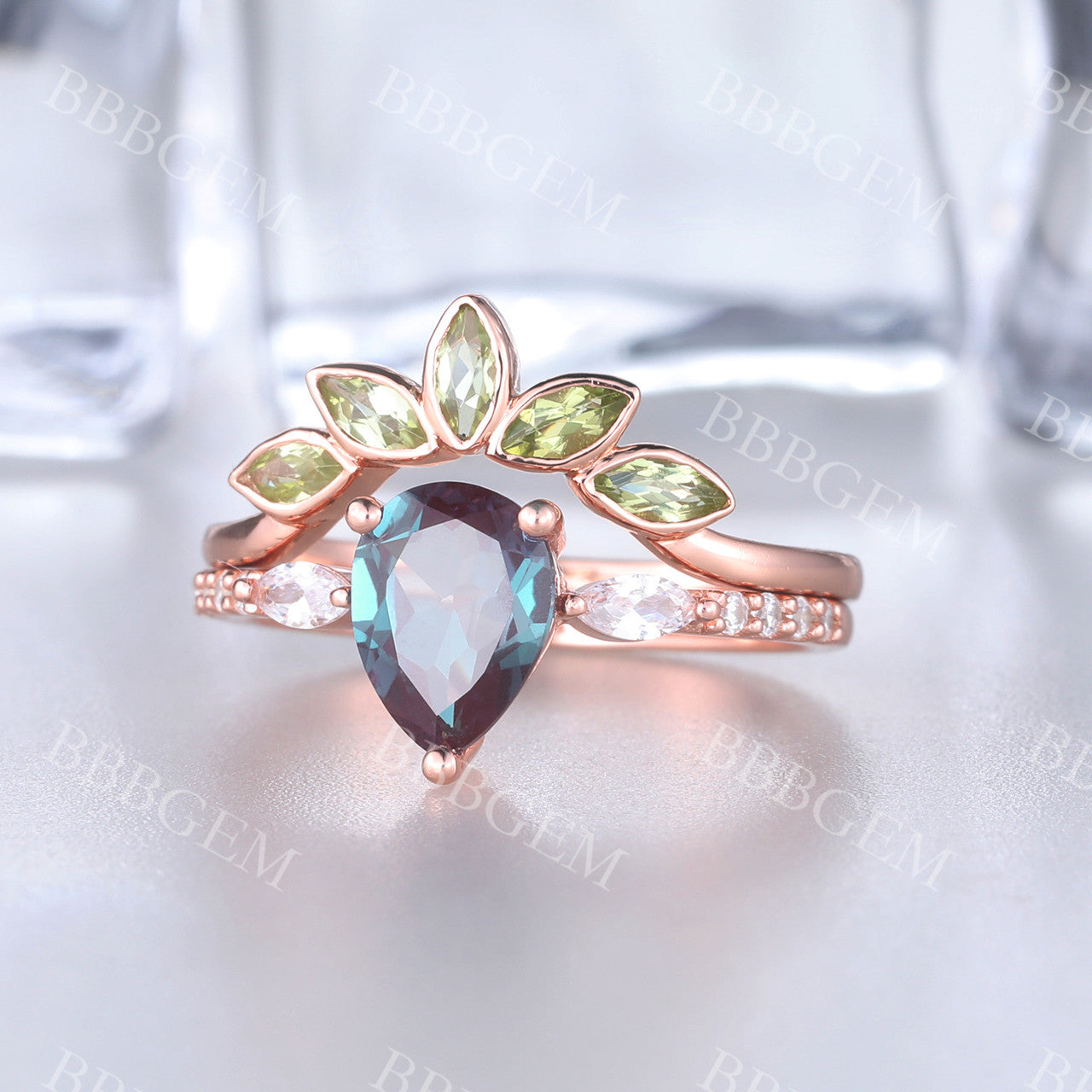 Alexandrite Engagement Ring Set Rose Gold Set Peridot Matching Band