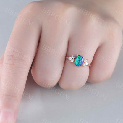 14K/18K  Vintage Black Opal Engagement Ring Moissanite Art Deco Band Promise Jewelry