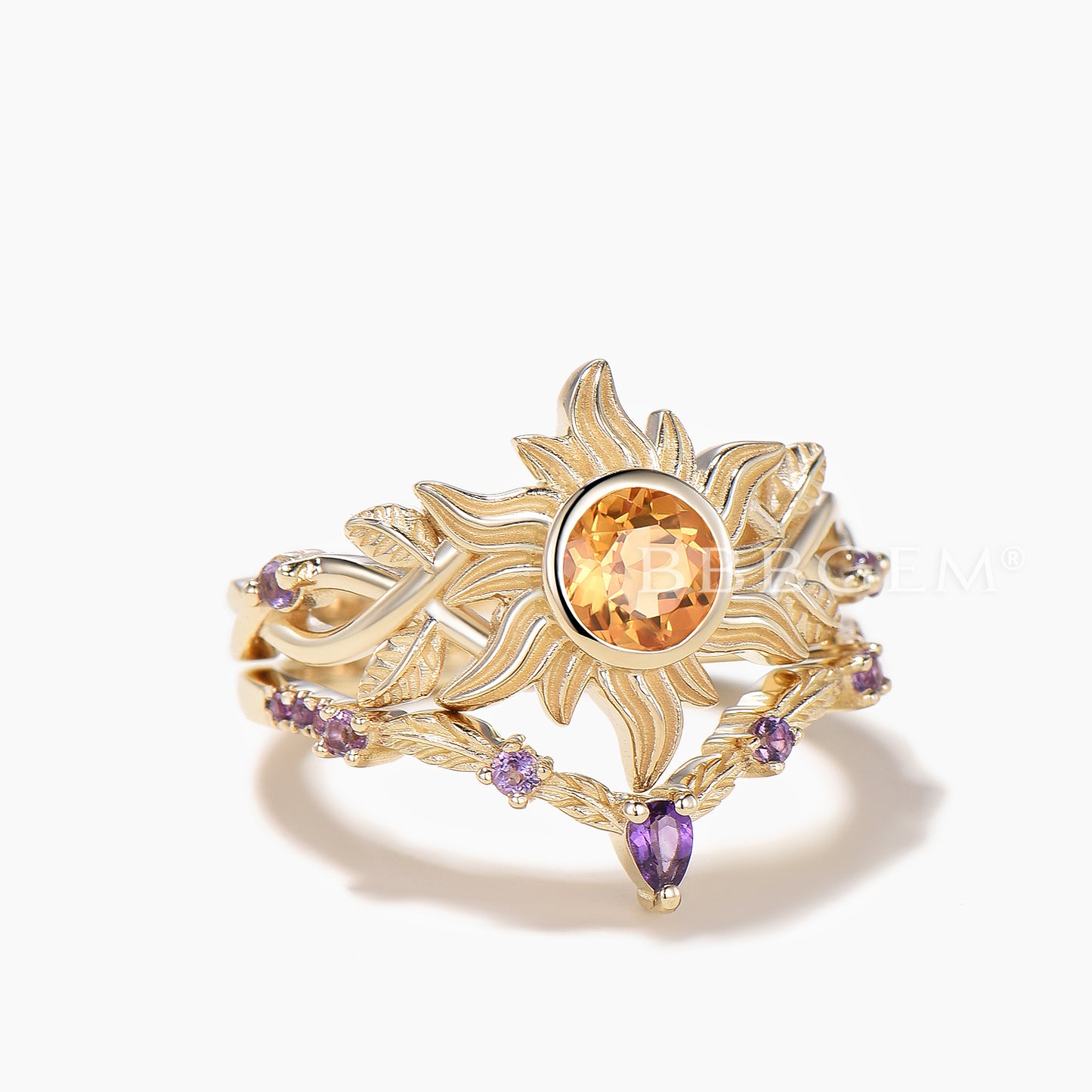 Round Cut Natural Citrine Sun Bezel Twisted Ring Set Amethyst Leaf Band