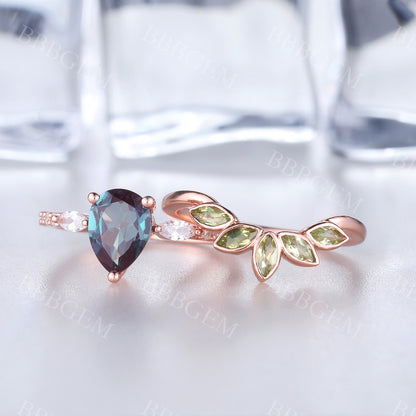 Alexandrite Engagement Ring Set Rose Gold Set Peridot Matching Band