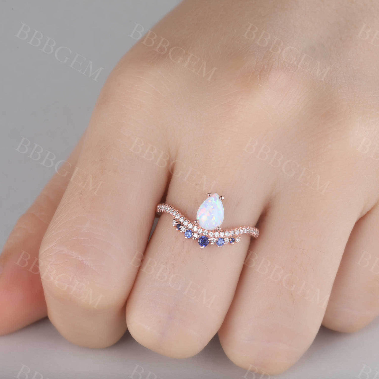 Pear Cut White Fire Opal Ring Vintage Blue Sapphire Gemstone Ring