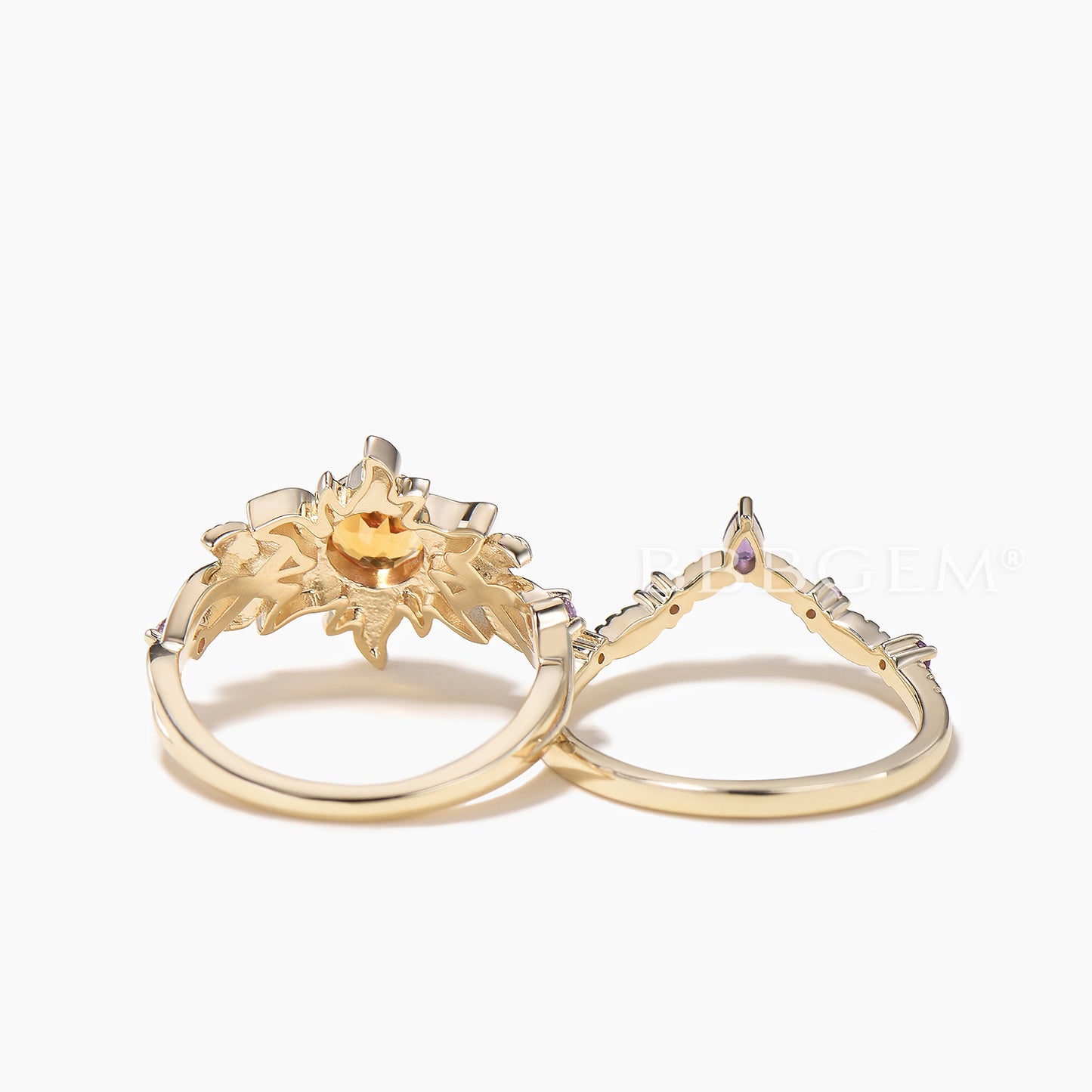 Round Cut Natural Citrine Sun Bezel Twisted Ring Set Amethyst Leaf Band