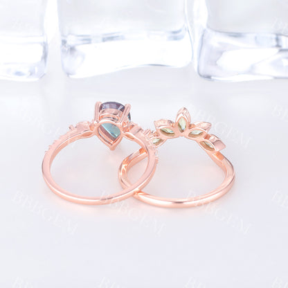 Alexandrite Engagement Ring Set Rose Gold Set Peridot Matching Band