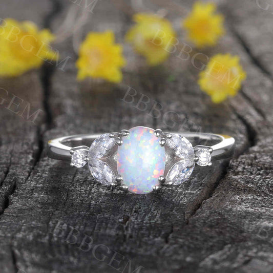 Art Deco Verbena Opal Moissanite Diamond Engagement Ring Marquise Antique