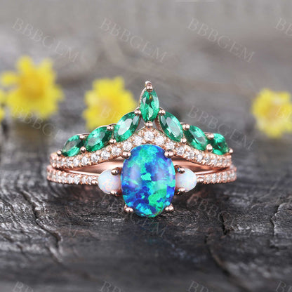 Black Opal Engagement Ring Set