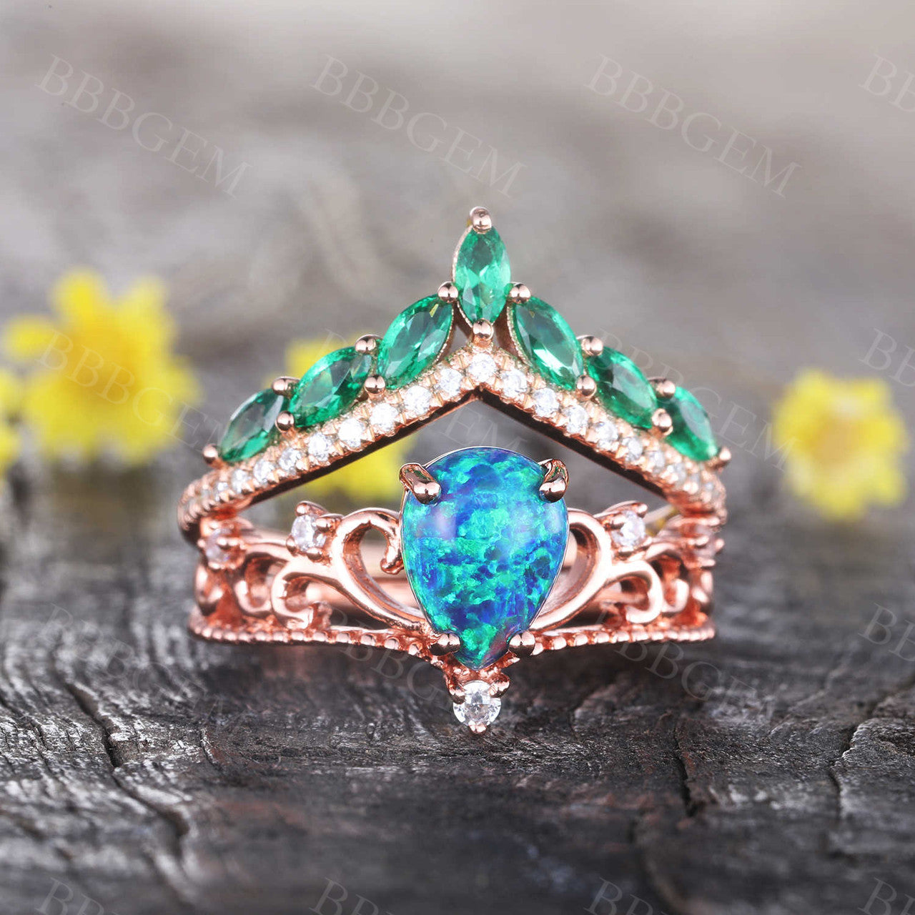 Black Opal Emerald Engagement Ring Set