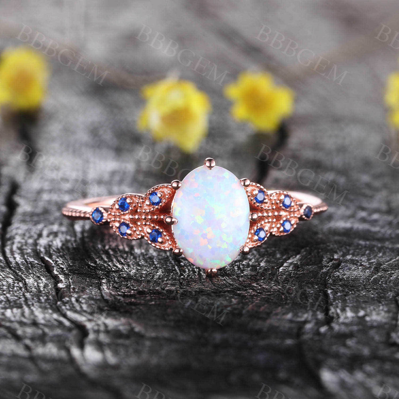 Oval White Opal Engagement Ring 14K Solid Rose Gold Opal Sapphire Ring Promise Ring