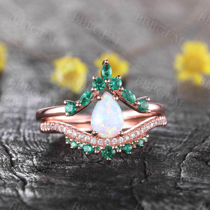 Opal Emerald Engagement Ring Set 14K Rose Gold