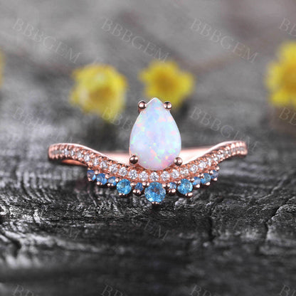 White Opal Diamond Engagement Ring Blue Topaz Ring