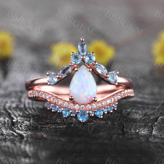 Vintage Opal Engagement Ring Set Rose Gold Wedding Set