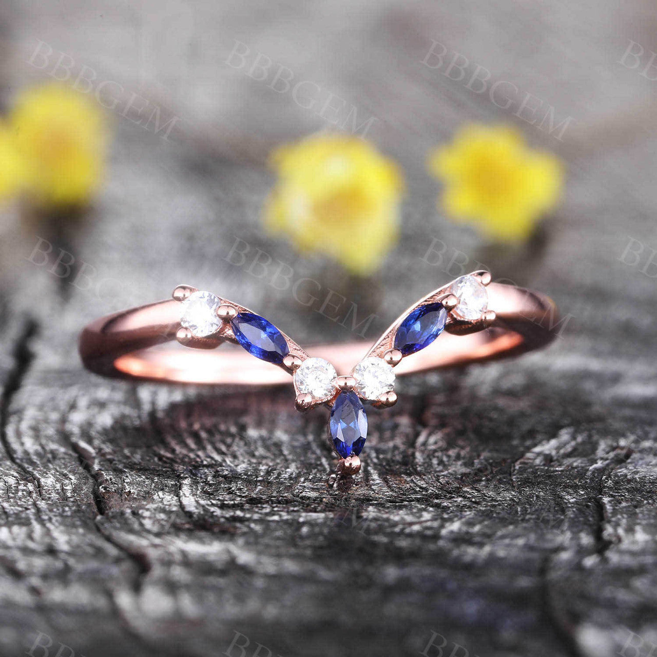 Blue Sapphire Diamond Wedding Band Dainty Curve Stacking Ring