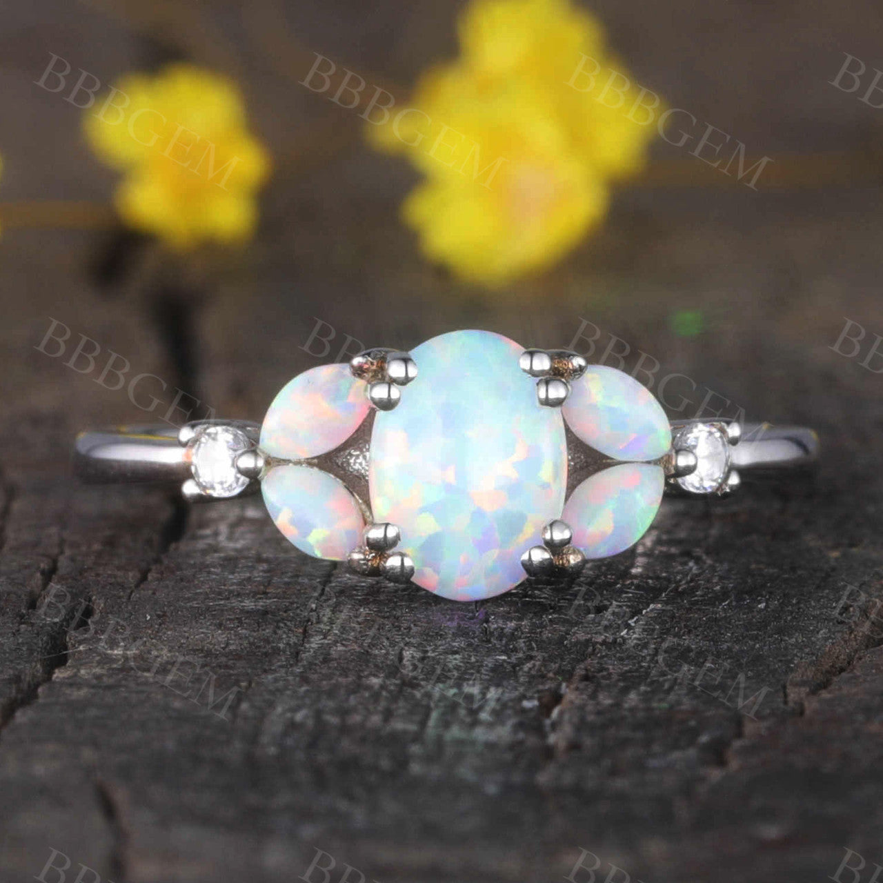 Floral opal engagement ring white gold promise ring for women