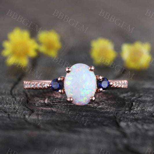 14K Rose Gold Opal Cluster Engagement Ring for Women Sapphire Diamond Ring Statement Ring