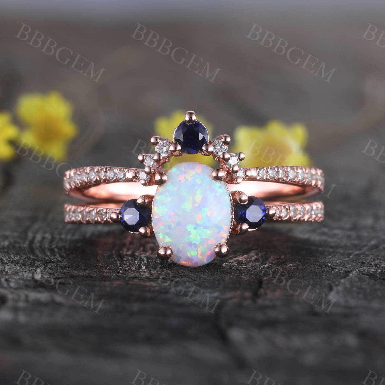 Sapphire Opal Bridal Set Antique Diamond Wedding Matching Band