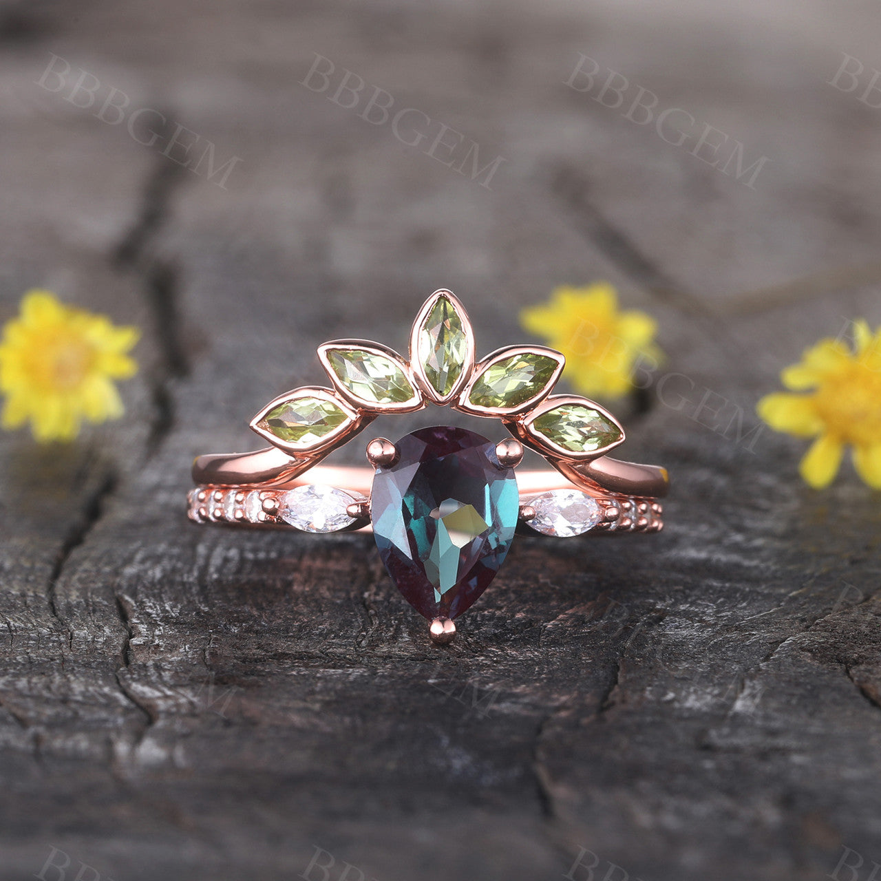 Alexandrite Engagement Ring Set Rose Gold Set Peridot Matching Band