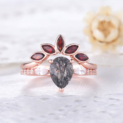 Black Rutilated Quartz Engagement Ring Rose Gold Wedding Ring Set Garnet Matching Band