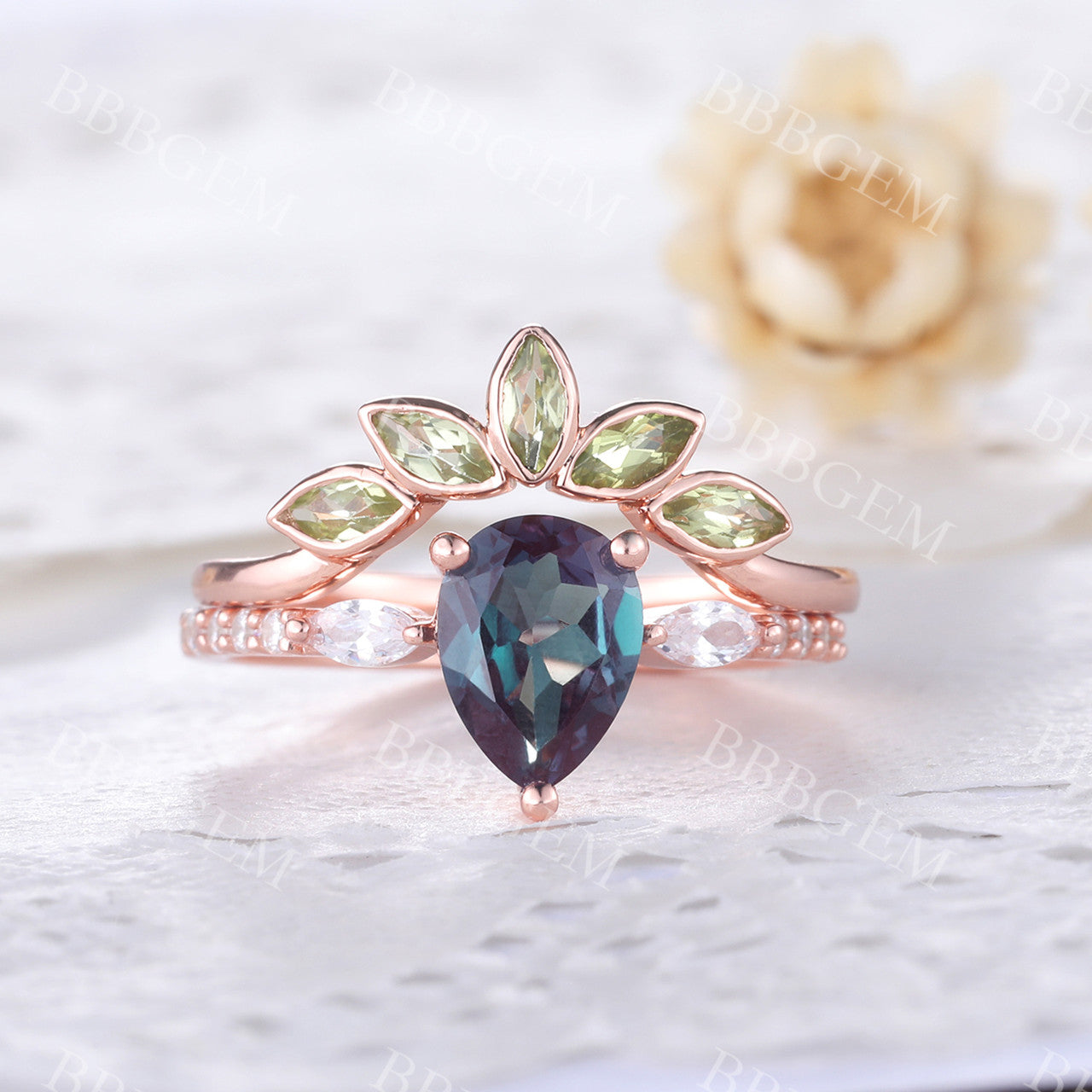 Alexandrite Engagement Ring Set Rose Gold Set Peridot Matching Band