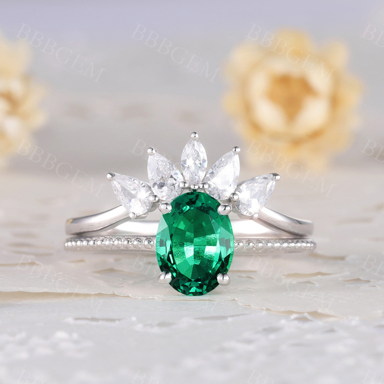 Emerald Engagement Set CZ Curved Stacking Band Bridal Ring Set