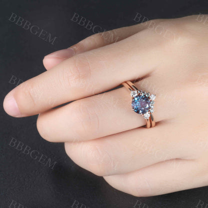 Round Faceted Blue Alexandrite Wedding Ring-BBBGEM Alexandrite Ring