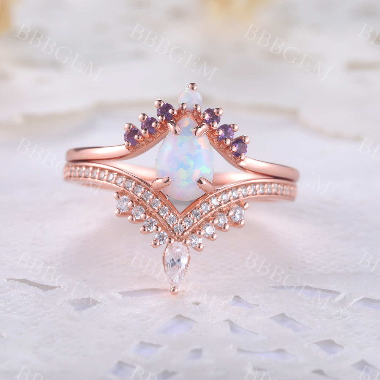 Pear Opal Engagement Ring Set White Opal Wedding Set,3pcs Bridal Set