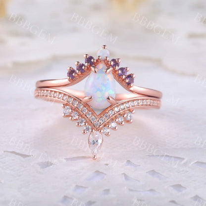 Pear Opal Engagement Ring Set White Opal Wedding Set,3pcs Bridal Set