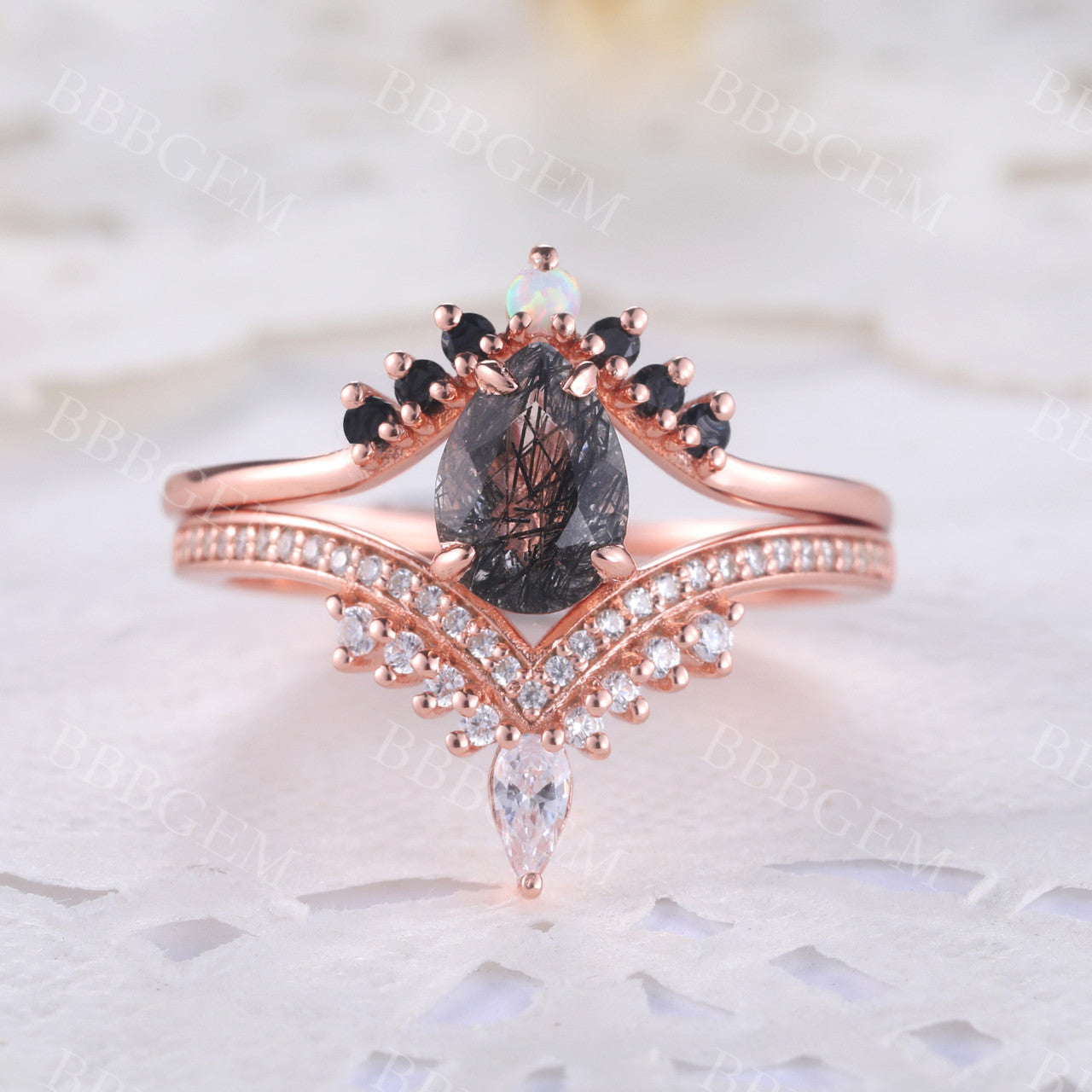 Black Rutilated Quartz Engagement Ring-BBBGEM Black Rutilated Quartz Ring Set