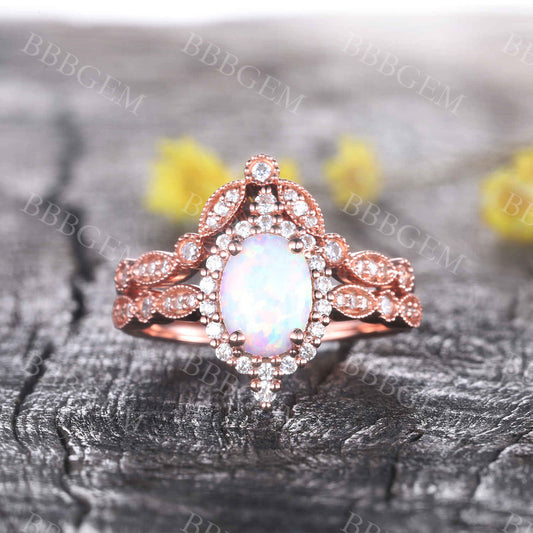 Vintage Oval White Opal Engagement Ring Set