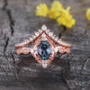 Rose Gold Alexandrite Bridal Set Oval Cut 6x8mm Diamond V Shape Matching Band Milgrain Filigree Engagement Ring Set