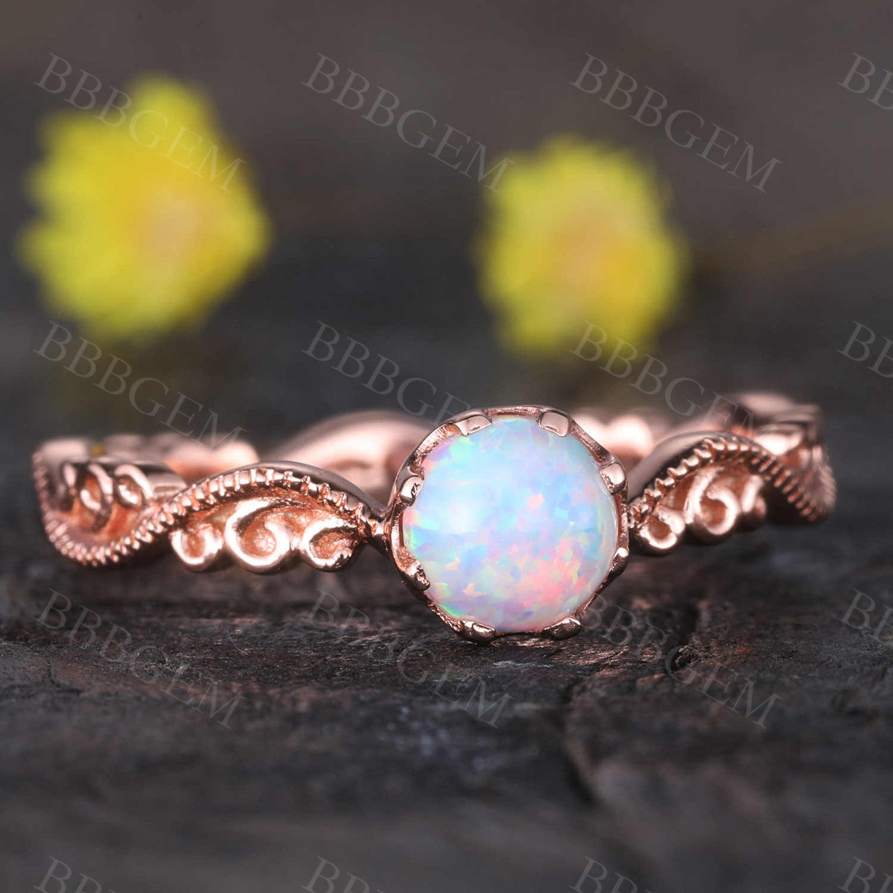 Floral Opal Ring Rose Gold Wedding Ring