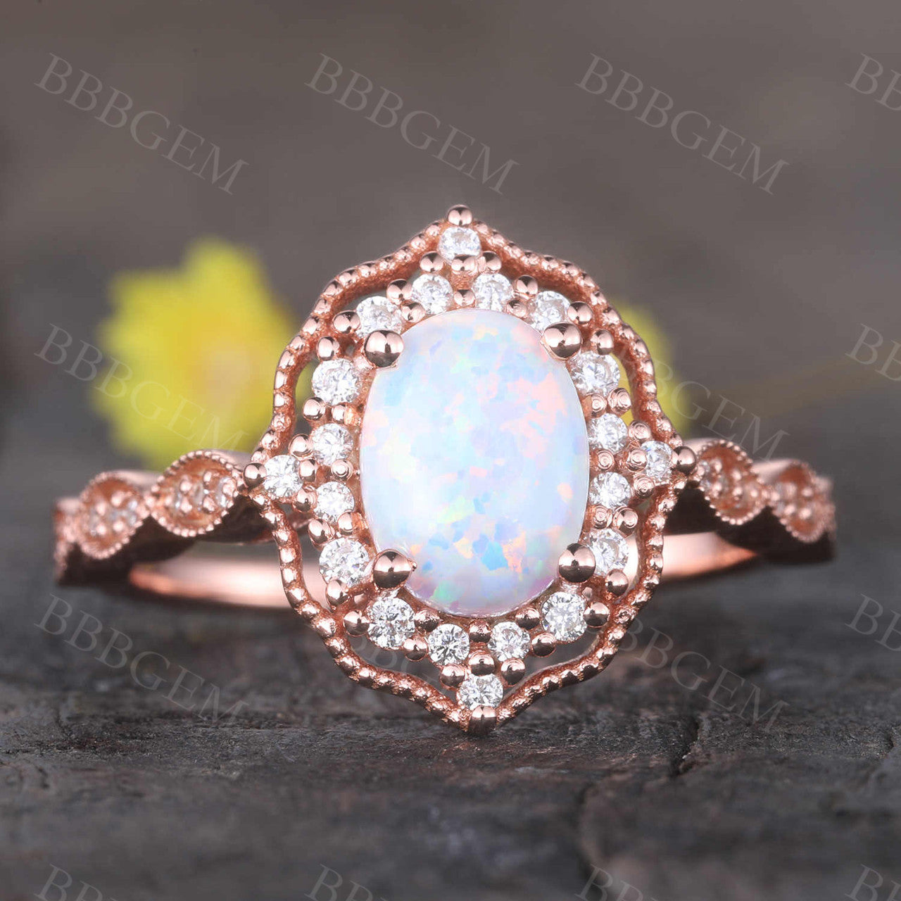 Opal Ring Vintage Opal Engagement Ring Rose Gold Art Deco Ring Women Diamond Eternity Band