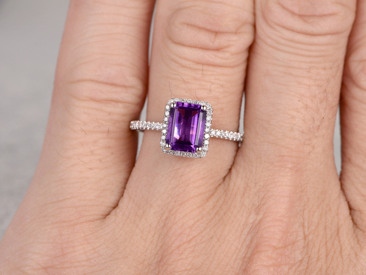 Natural 6x8mm Emerald Cut Amethyst Engagement Ring Diamond Wedding Ring 14k White Gold Halo Prong Set