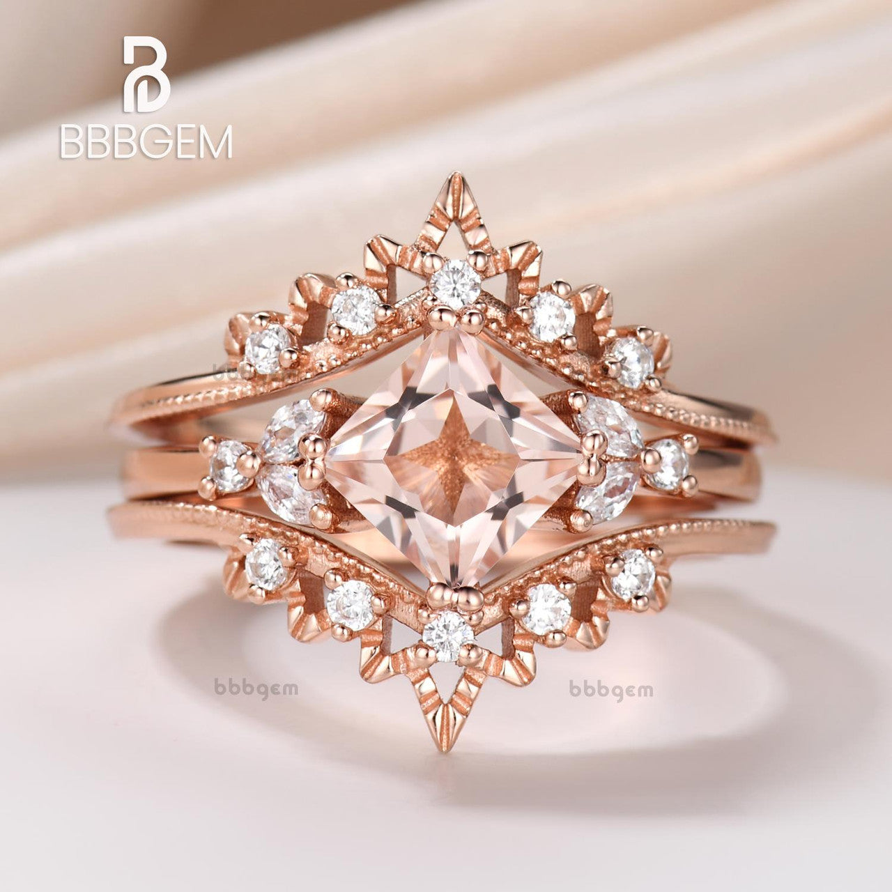 Nested Diamond Princess Cut Morganite Enhancer Nested Diamond Ring Stack 2pcs | BBBGEM