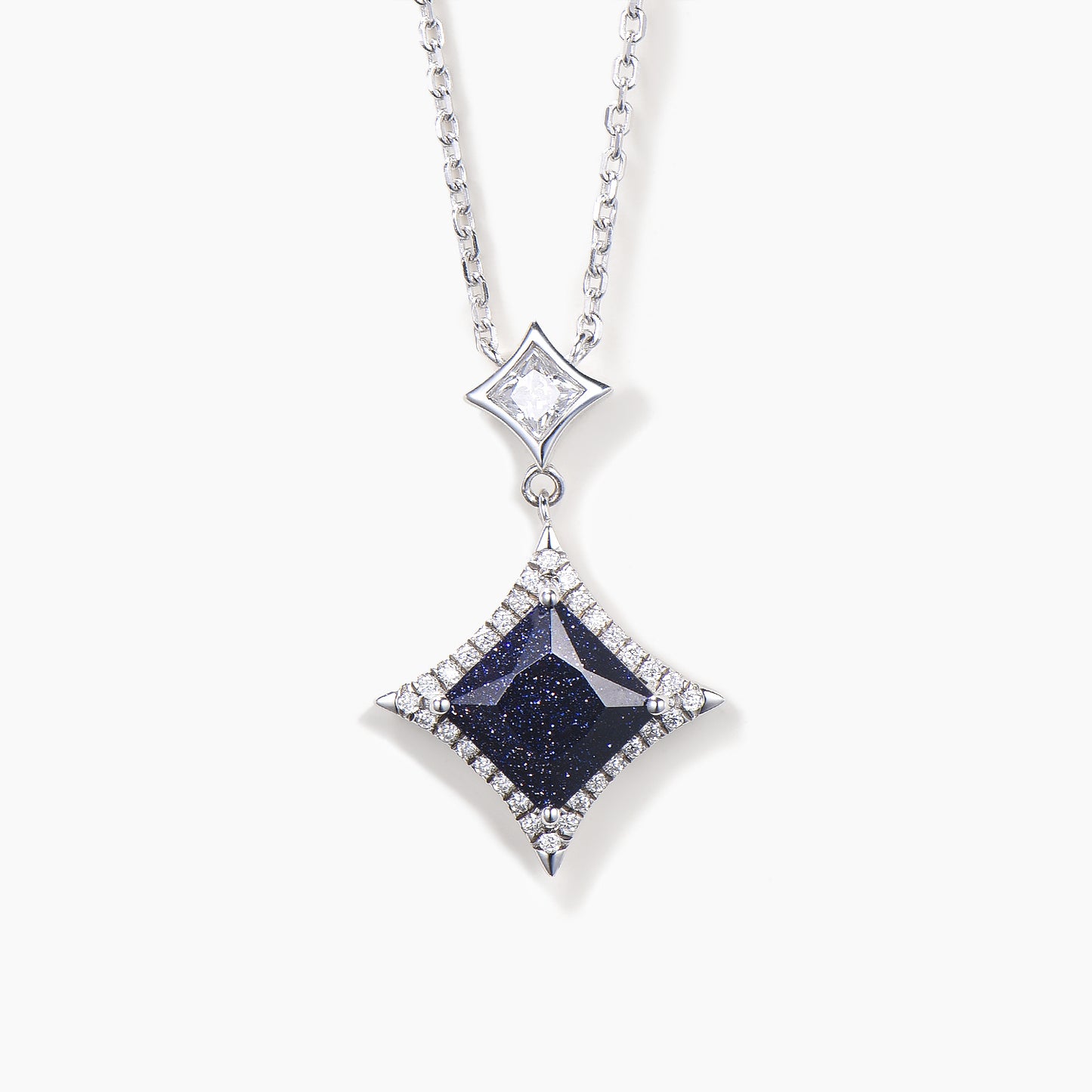 Princess Cut Blue Sandstone Necklace Moissanite Halo White Gold Pendant