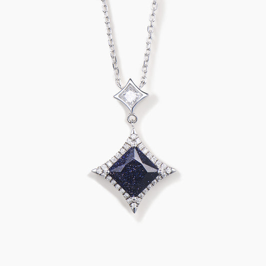 Princess Cut Blue Sandstone Necklace Moissanite Halo White Gold Pendant