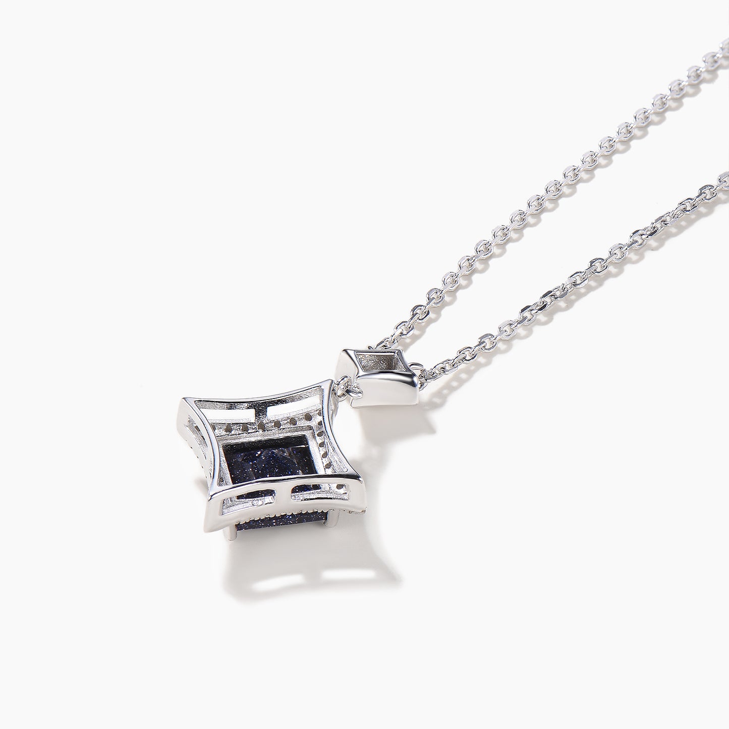 Princess Cut Blue Sandstone Necklace Moissanite Halo White Gold Pendant