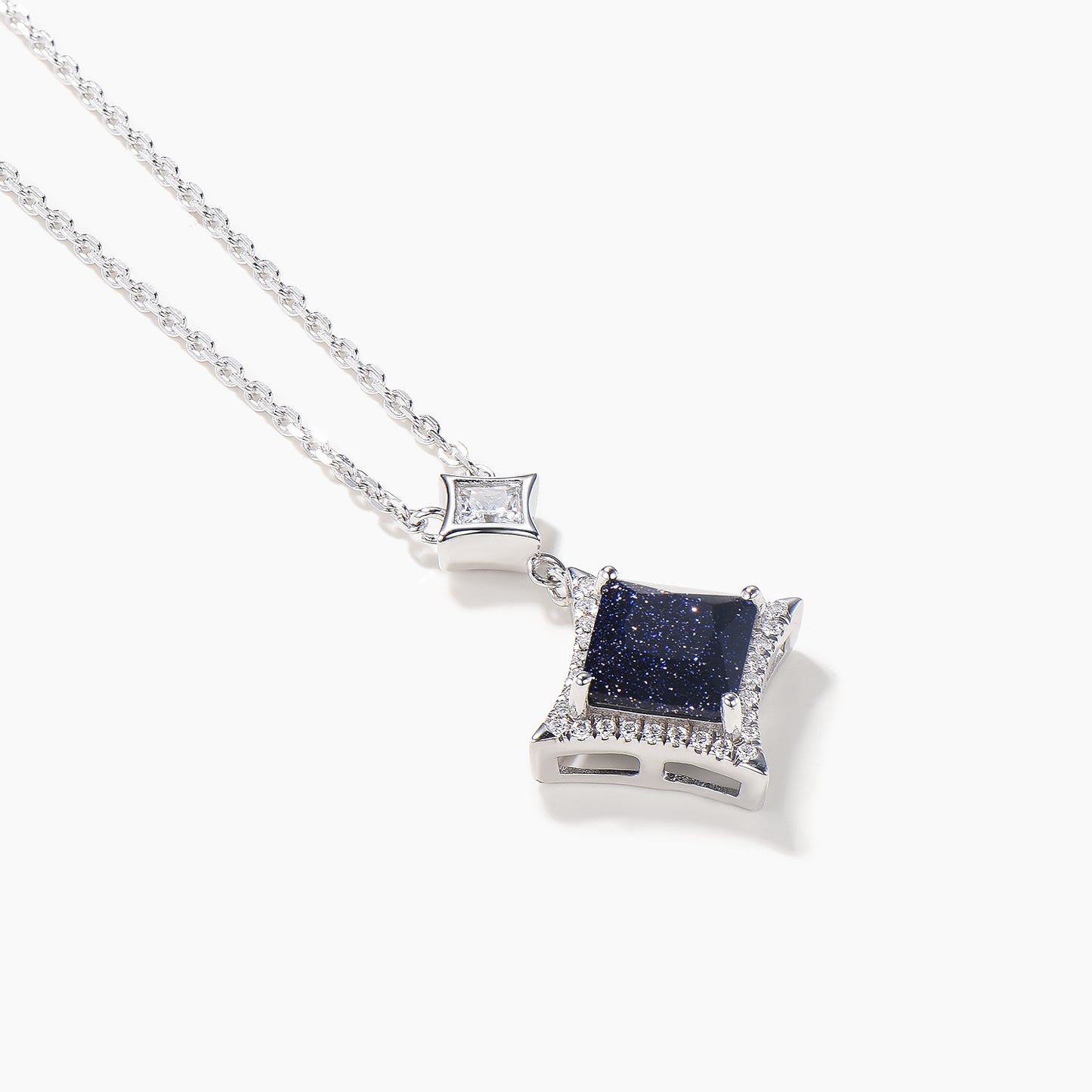 Princess Cut Blue Sandstone Necklace Moissanite Halo White Gold Pendant