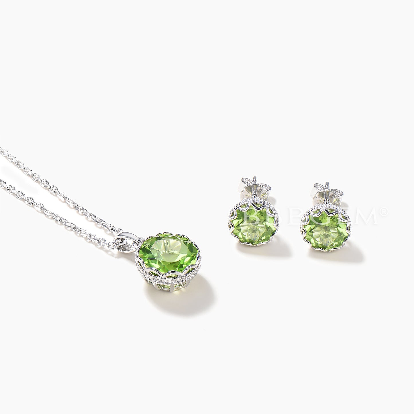 Solitaire Jewelry Set Round Natural Peridot Necklace White Gold Stud Earrings