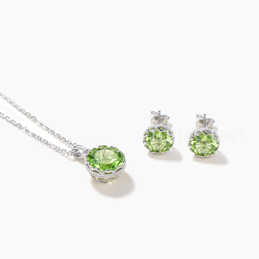 Solitaire Jewelry Set Round Natural Peridot Necklace White Gold Stud Earrings