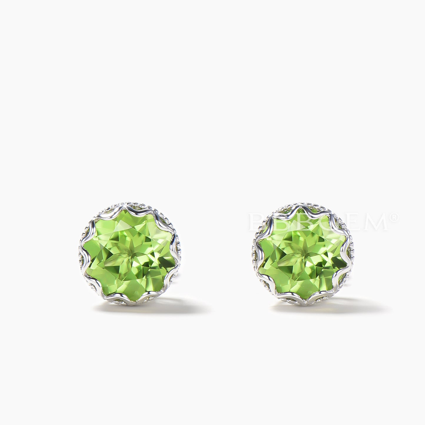 Solitaire Jewelry Set Round Natural Peridot Necklace White Gold Stud Earrings