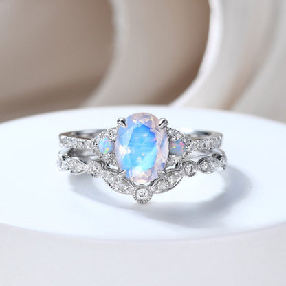 Natural rainbow moonstone engagement ring set-bbbgem Natural rainbow moonstone engagement ring set