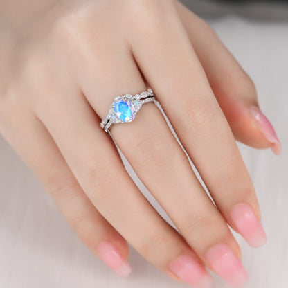 Natural rainbow moonstone engagement ring set-bbbgem Natural rainbow moonstone engagement ring set