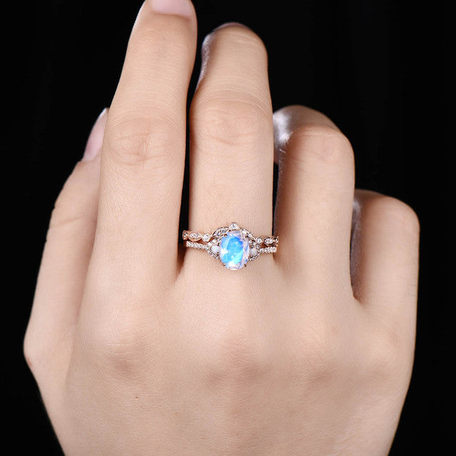 Natural Rainbow Moonstone Bridal Set Vintage Ring With Curved Moissanite Diamond Wedding Band