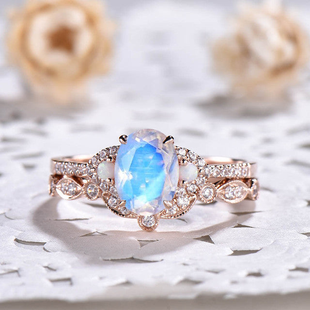 Natural rainbow moonstone engagement ring set-bbbgem Natural rainbow moonstone engagement ring set