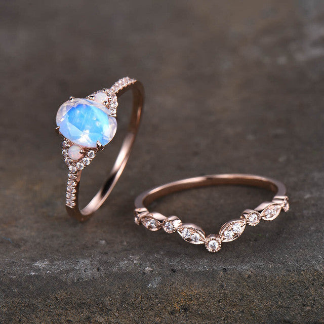 Natural rainbow moonstone engagement ring set-bbbgem Natural rainbow moonstone engagement ring set