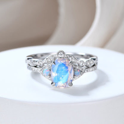 Natural Rainbow Moonstone Bridal Set Vintage Ring With Curved Moissanite Diamond Wedding Band