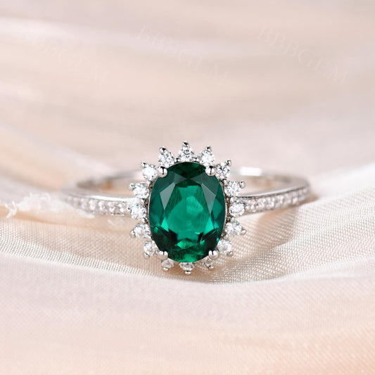 White Gold Oval Emerald Cocktail Rings-Emerald Moissanite Halo Engagement Ring