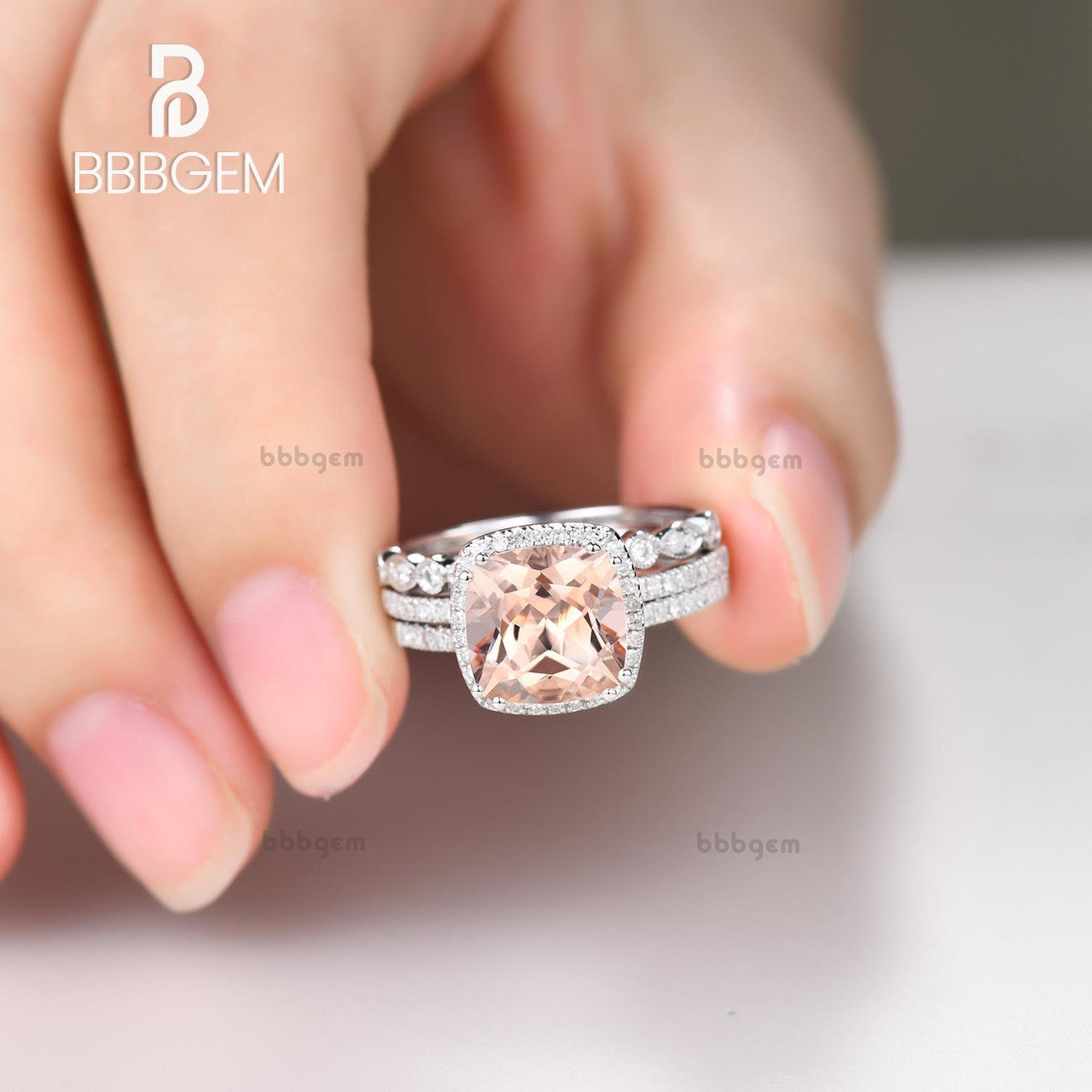 Carat Cushion Morganite Wedding Set Diamond Rose Gold Engagement