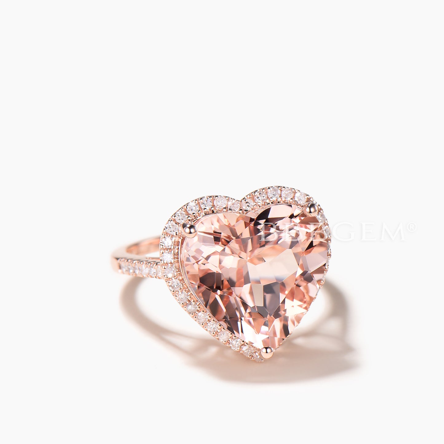 4CT Heart Cut Natural Morganite Engagement Ring Diamond Halo Rose Gold Ring