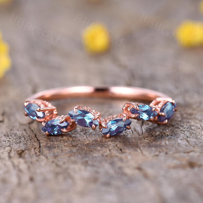 Unique Alexandrite Ring Alexandrite Diamond band 14Krose gold Marquise Alexandrite Wedding ring promise ring,Birthstone Rings For Women