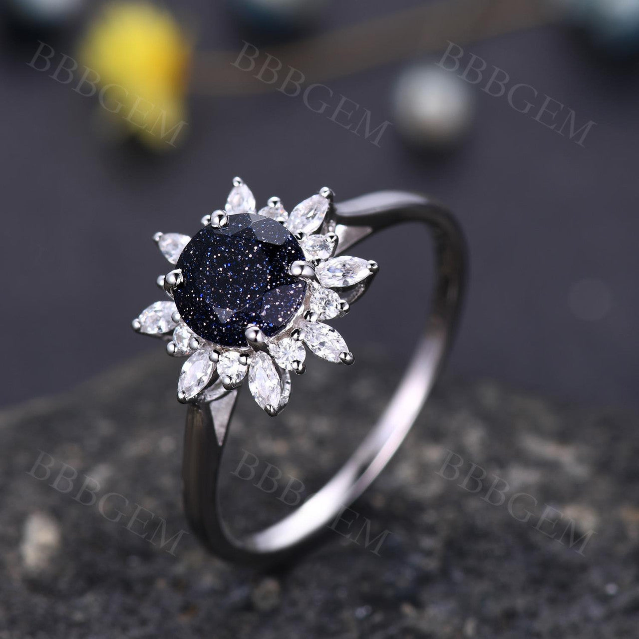 Vintage Blue Sandstone Ring-BBB Blue Sandstone Moissanite Ring